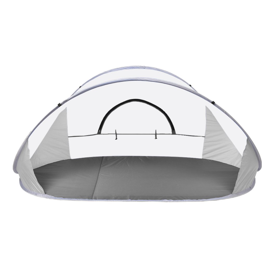 Mountvie Pop Up Tent set up at the beach, spacious enough for four people, featuring a grey color and interwoven mesh for ventilation.